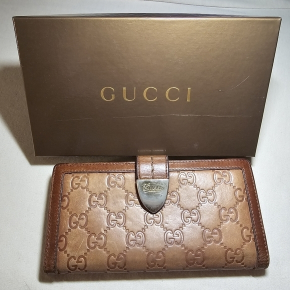 Authentic GUCCI Continental Monogram Embossed Cognac Brown Leather Wallet & Box - Picture 1 of 16